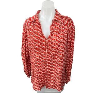 NEW Max Studio Red Floral Print Button Up Collar Long Sleeve Shirt Blouse Top L